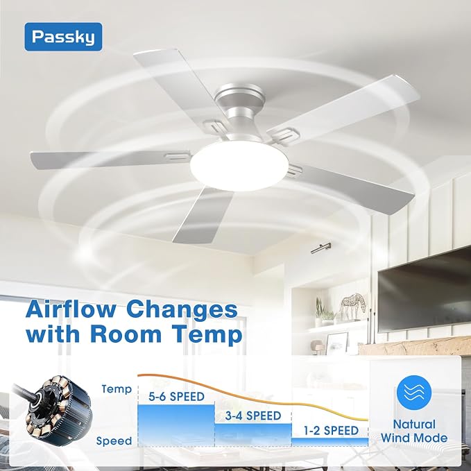 Passky Ceiling Fans with Lights, 42 inch Flush Mount Ceiling fan with Remote Control, Low Profile Ceiling Fan for Bedroom, Farmhouse, Reversible, 3CCT, Dimmable, Noiseless DC Motor, Silver