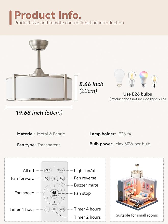 20" Silver Fandelier Ceiling Fans with Lights, Boho Rattan Ceiling Fan with Light Remote Control, Caged Mid-Century Modern with 6 Speeds for Bedroom, Nursery, Living Room