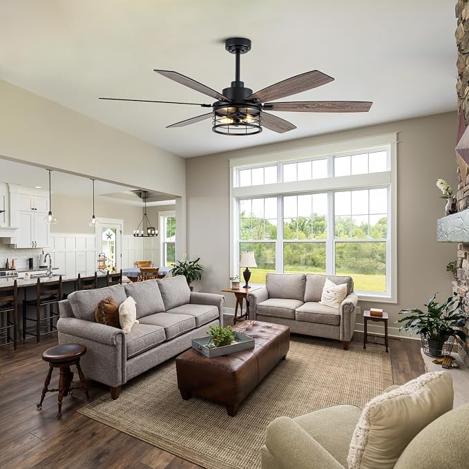 60 Inch Farmhouse Ceiling Fan with Light and Remote Black Rustic Ceiling Fan Quiet and Reversible DC Motor Chandelier Fan for Living Room Bedroom Patio