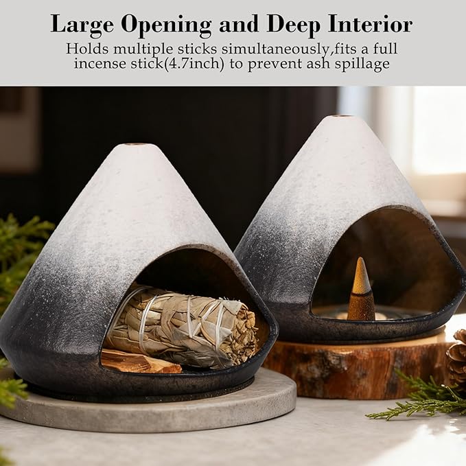 Incense Burner Holder for Palo Santo Sticks,Sage,Cone,Mountain-Inspired Handcrafted Ceramic Ash Catcher Smudge Bowl for Yoga Meditation Energy Cleansing Room Décor,Black