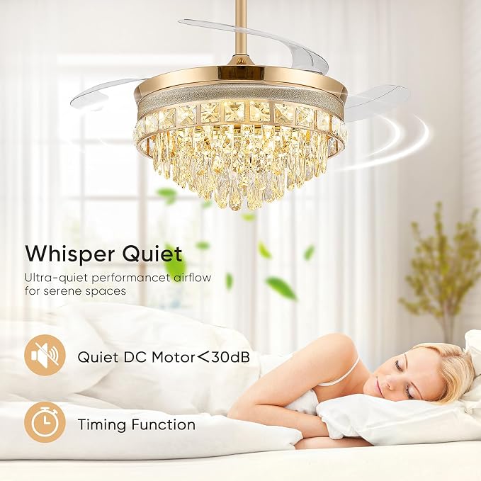 42 Inch Fandelier Ceiling Fan with Light, Chandelier Ceiling Fans with Lights, Crystal Ceiling Fans for Bedroom Living Room, LED Dimmable, 6 Wind Speed,3 Color Temperatures-Gold