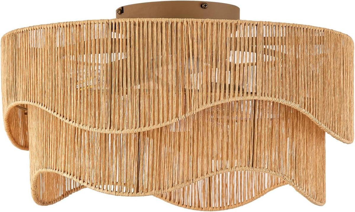 Flush Mount Ceiling Fan with Lights, 20" Low Profile Boho Ceiling Fan with Light Remote Control, Caged Rattan with 6 Speeds for Bedroom, Nursery, Living Room
