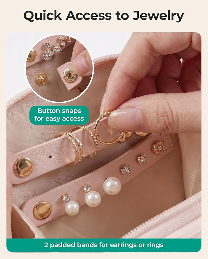 BAGSMART Travel Jewelry Case, Leather Zip for Rings Necklaces | Removable inner pocket, 3 tangle-free clips, 1 elastic pocket, 2 leather snap straps for rings/earrings
