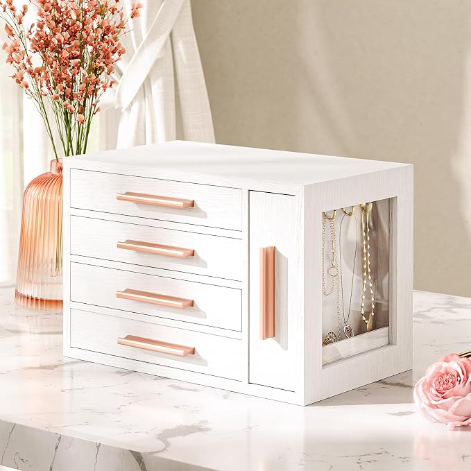HOOBRO Jewelry Box for Women, Wooden Jewelry Organizer with Transparent Window, 4-Layer Jewelry Organizer Box, Jewelry Holder Organizer for Earrings, Necklaces, Rings, White and Gold WD09JB04