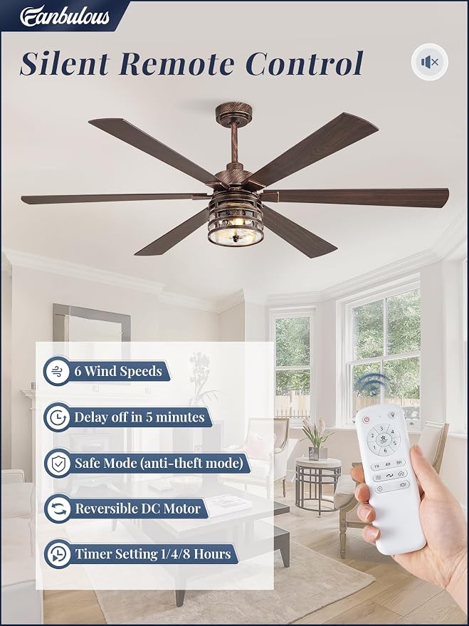 Fanbulous 65 Inch Large Farmhouse Ceiling Fan with Light & Remote,Black | Powerful 6-Speed Reversible DC Motor, Industrial 6 Dual Finish Blades, Ideal for Living Room, Bedroom, Patio, Garage