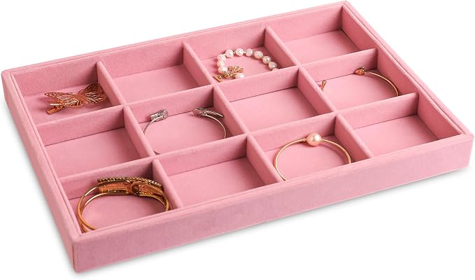 Frebeauty Jewelry Trays for Drawer,Set of 2 Jewelry Organizer and Storage | Velvet Material,Stackable,Adjustable Dividers,Drawer Inserts for Rings Studs Bracelet,Earring Organizer for Women Girls