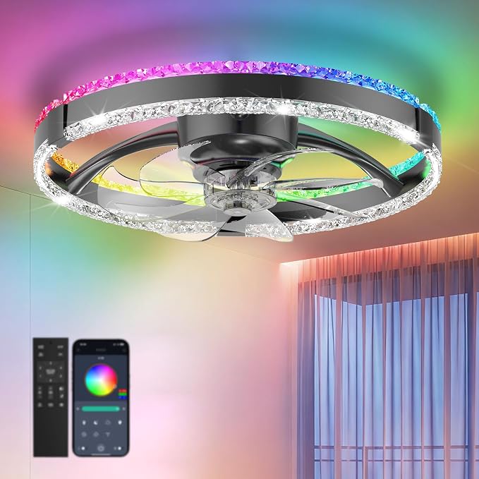 RGB Low Profile Ceiling Fan with Lights,RGB Ceiling Fans with Lights and Remote, 3000-6500K Dimmable Modern Flush Mount LED Fan Lights, 6 Wind Speeds Ceiling Fans for Bedroom