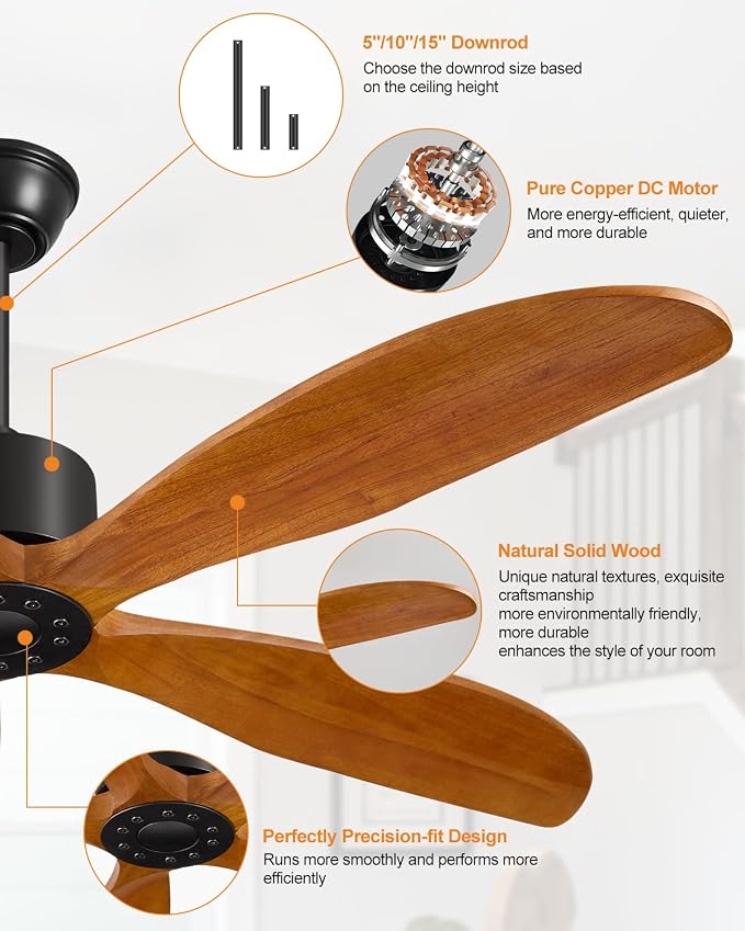 52" Ceiling Fan Without Lights 5Blades Ceiling Fans with Remote LightWalnut | Ceiling Fan Without Lights for Patios Indoor, ETL Listed, Timer, 6 Speeds, 3 Color, Reversible Quiet DC Motor, Under 25dB