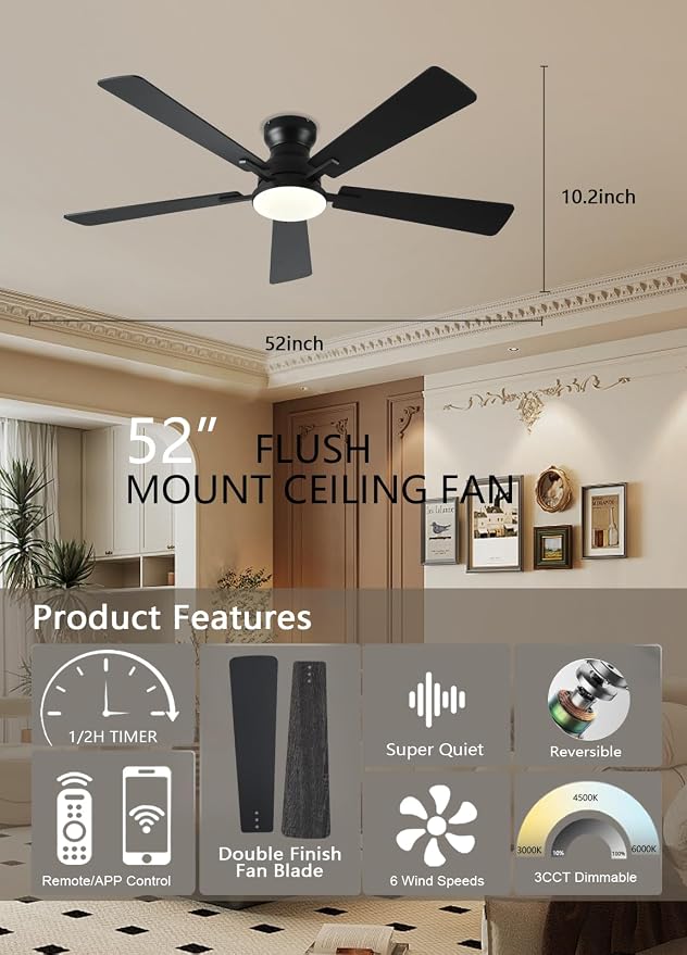 JSAITEE Ceiling Fans with Lights, 52Inch Low Profile Ceiling Fan with Light and Remote/App Control, Modern Flush Mount Black Ceiling Fan, 3CCT Dimmable, Reversible DC Motor, for Living Room,Bedroom