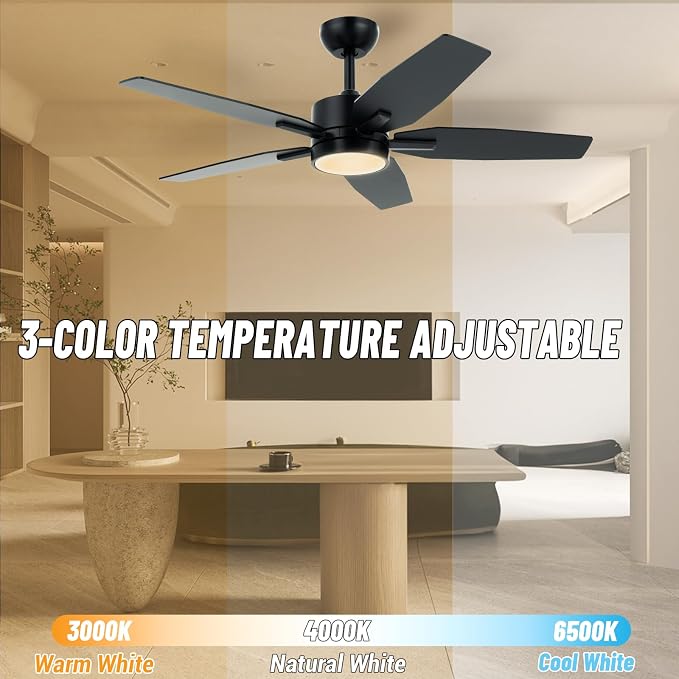 42" Ceiling Fan for Living Room - 5 Blades Modern Ceiling Fan with Light for Bedroom - Quiet DC Motor - 3CCT - 6 Speeds - Dimmable - Reversible Function - Black