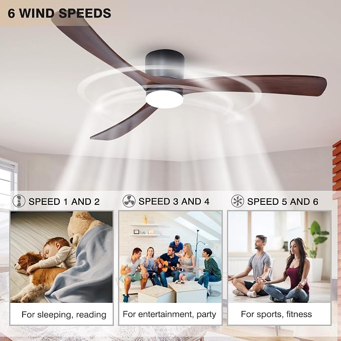 60" Wood Ceiling Fan with Lights Remote, Reversible DC Motor 6-Speed Ceiling Fan, 3 Blades Low Profile Flush Mount Ceiling Fans, Modern Ceilingfans for Low Profile, Walnut and Matte Black