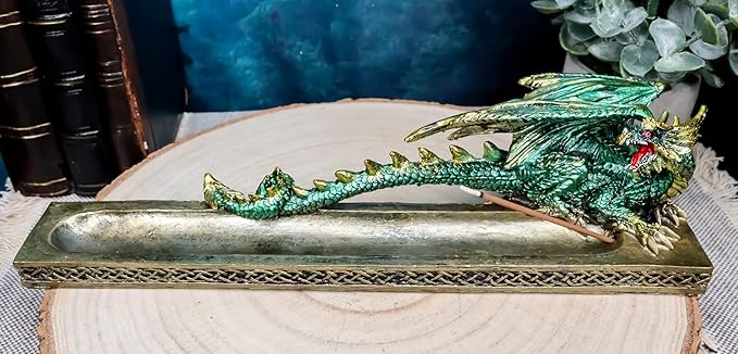 Ebros Gift Celtic Metallic Colored Green Dragon Looking Back Incense Burner Holder Decorative Figurine Aromatherapy Home Fragrance Accessory Dungeons Dragons Medieval Theme