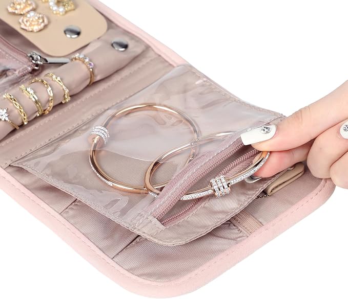 BELALIFE Travel Jewelry Case, Jewelry Organizer Roll for Accessories | Bag with foldable roll design for earrings, necklaces, rings, bracelets and brooches,Pink