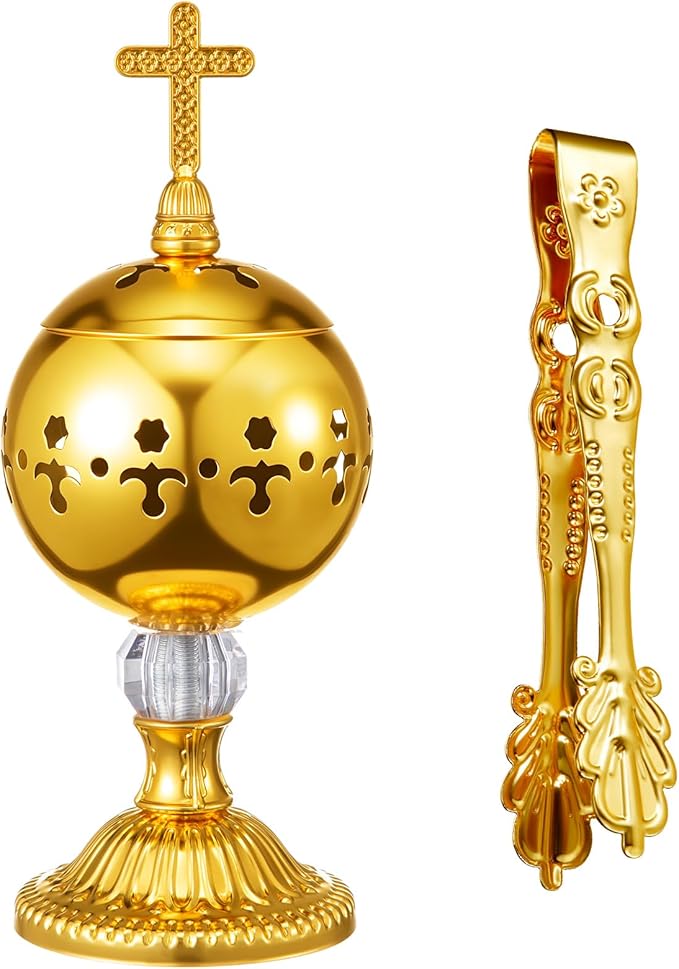 Zonon 1 Set Incense Burner with Tong, Frankincense Charcoal Incense Stand Holder, Ideal for Yoga, Spa, Aromatherapy, Home and Christian Church Censer (Gold,Retro)