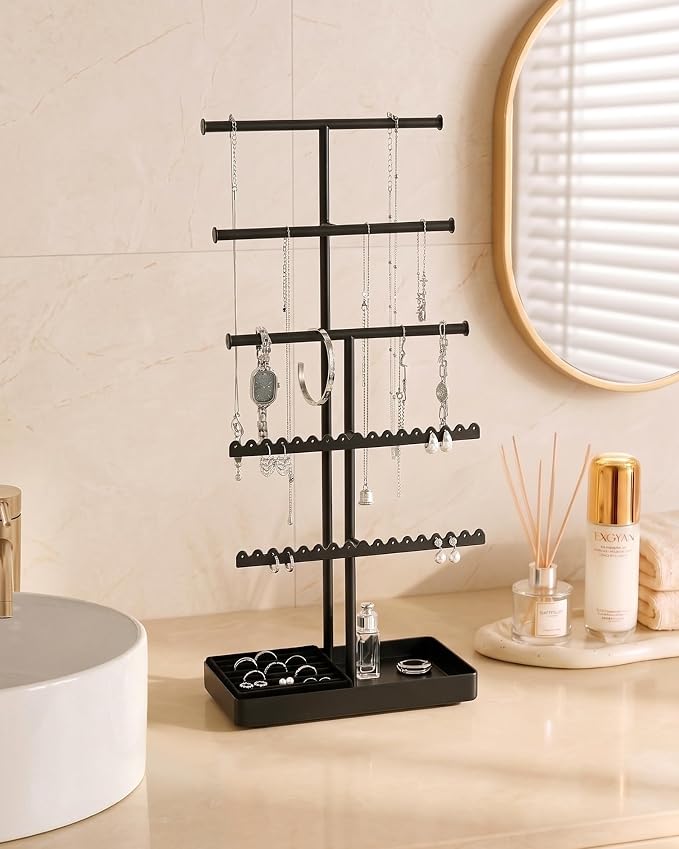 Lolalet 5-Tier Jewelry Organizer Stand, Metal Jewellery Holder, Dresser Display Rack for Necklace Earring Bracelets Rings, Gift for Women Girls -Black