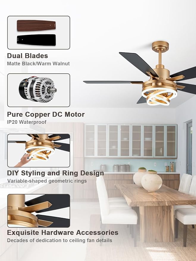 Bella Depot 52 Inch Gold Ceiling Fan Modern Chandelier Ceiling Fan with Dimmable Light, 6-Speed, Reversible, Timing Option - Ideal for Bedroom Living Room