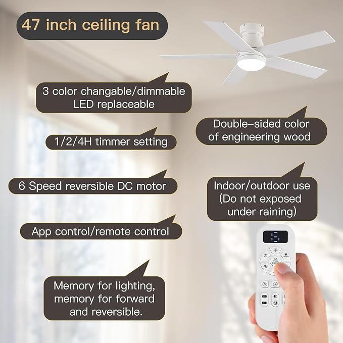OURSTAR Ceiling Fans with Lights and Remote Control, White Low Profile Ceiling Fan with Light 3-Color LED Dimmable, Memory for Lighting and Fan Reversible, 6-Speed, Timer, Indoor/Outdoor Use, 47 Inch