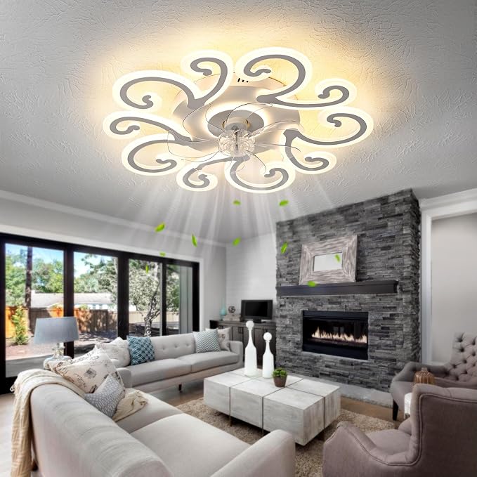 White Flower Modern Ceiling Fan with Lights, Low Profile Ceiling Fan with Remote for Bedroom, Flush Mount Ceiling Fans with LED Dimmable Light, 6-Speeds, Timing CeilingFan Light-yun