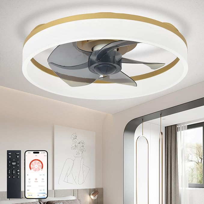 DLLT LED Ceiling Fan with Light: 16" Modern Low Profile Flush Mount Fandelier with App & Remote Control - Dimmable Gold Bladeless Fan Light Fixture for Bedroom Kids Room Living Room