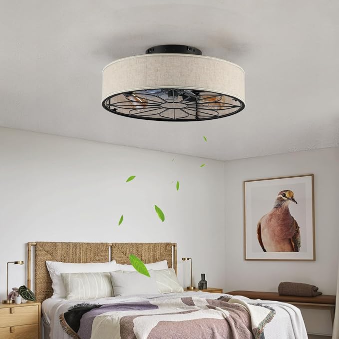 20" Flush Mount Caged Ceiling Fan With Light,Low Profile Fabric Farmhouse Bladeless Ceiling fan With Remote Control,Ceiling Fans with 6 Speeds Reversible Silent Fandalier for Bedroom