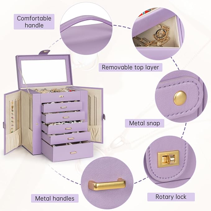 AKOZLIN 6-Tier Jewelry Box Organizer Functional 5 Drawers Leather Jewelry Storage Case for Women Girls Ring Necklace Earring Bracelet Holder Organizer with Mirror Extra Large Violet