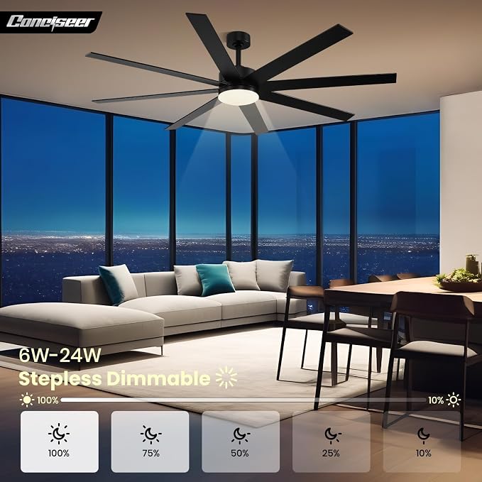 Conciseer Modern 72 Inch Ceiling Fans with Lights and Remote, Dual Color 8 Blades,Living Room Office Library Cafe Outdoor Industrial, 24W 3CCT 6 Speed Reversible Quiet DC Motor, Black/Wood Grain