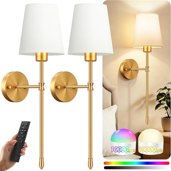 OCATO Battery Operated Wall Sconce: 10000mAh Wireless Wall Sconces Set of Two Rechargeable Lamp Dimmable Magnetic Lights with 7 RGB Colors and Remote Walls Decor for Bedroom Living Room Hallway