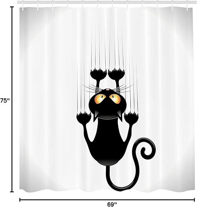 Ambesonne Funny Shower Curtain, Naughty Cat Scratching The Wall with His Paws Grumpy Feline Humorous Kitten Graphic, Cloth Fabric Bathroom Decor Set with Hooks, 69" W x 75" L, White and Black