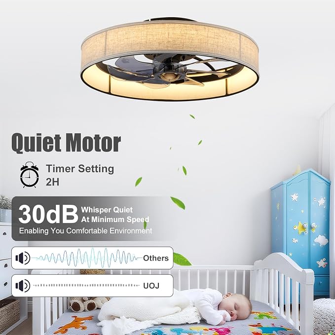 XUDOM19.6 Farmhouse Low Profile Flush Mount Ceiling Fan with Light and Remote,Fabric Bladeless Caged Fandelier with APP Control 6 Speed DC Motor,Timer,LED Dimmable for Bedroom,Living Room