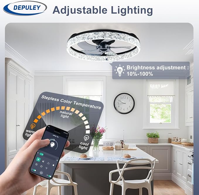 Depuley Bladeless Ceiling Fans with Lights: Full Package 20" Black Modern Low Profile Flush Mount Ceiling Fan with App&Remote - Bedroom Enclosed Crystal Fandelier for Apartment Loft Kitchen