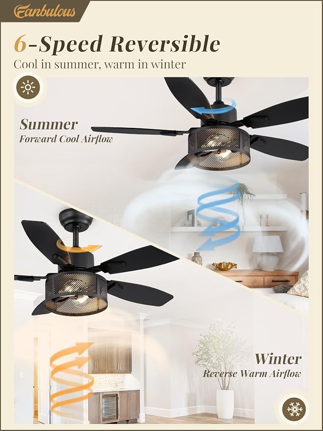 Fanbulous Farmhouse Ceiling Fans with Lights and Remote, 42 Inch Industrial Black Caged Ceiling Fans for Living Room Bedroom Kitchen, 6 Speed Reversible Quiet DC Motor, Dual Finish 5 Blades
