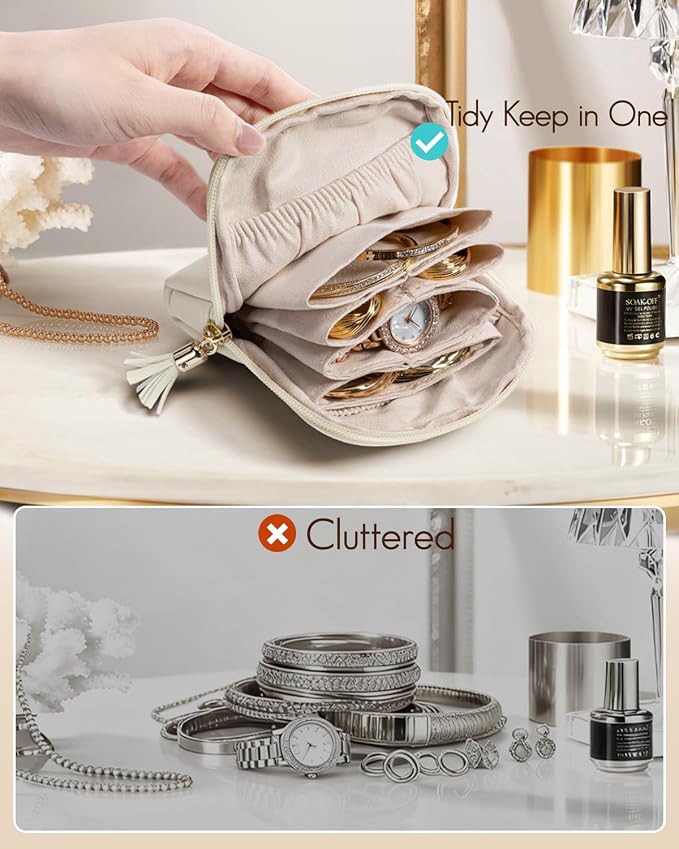 VLANDO Mini Jewelry Travel Case,Gifts for Teachers Women,Jewelry Pouch Bags with Zipper, Velvet Jewelry Organizer Storage Bag for Bracelet Rings Earring Travel Essentials-White