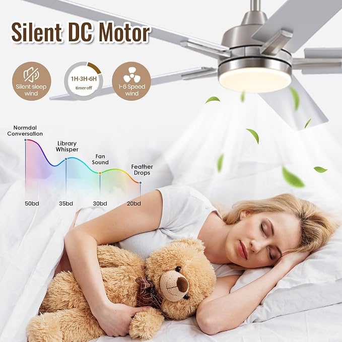 Ceiling Fans with Lights, 52 inch Brushed Nickel Ceiling Fans with Lights and Remote Control, Reversible, 3CCT, Dimmable, Noiseless, Downrod, Modern Ceiling Fan for Bedroom, Indoor/Outdoor Use