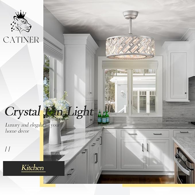 CATINER 18.5" Crystal Caged Bladeless Ceiling Fan with Light, Remote Control, Silent 6-Speed Reversible Motor – Modern Enclosed Ceiling Fan for Bedroom, Kitchen, Living Room (Silver)