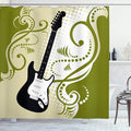 Ambesonne Music Shower Curtain, Electric Bass Guitar with Swirls Background Illustration, Cloth Fabric Bathroom Decor Set with Hooks, 69" W x 84" L, Olive Green White Black