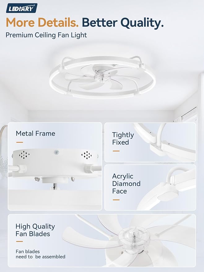 LEDIARY 26" Ceiling Fans with Lights and Remote, Low Profile,Large, White | 3000K-6000K Stepless Dimmable Fandelier, Reversible DC Motor, Remote and APP Control, Bedroom Kitchen Living Room Fan Light