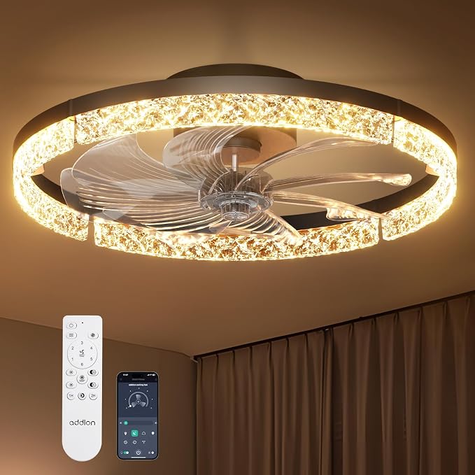 addlon Ceiling Fans with Lights and Remote, 20'' Low Profile Flush Mount Ceiling Fan, 3000–6000K Dimmable LED Fandelier, Bladeless Crystal Fan Light for Bedroom, Kitchen, Living Room, Black