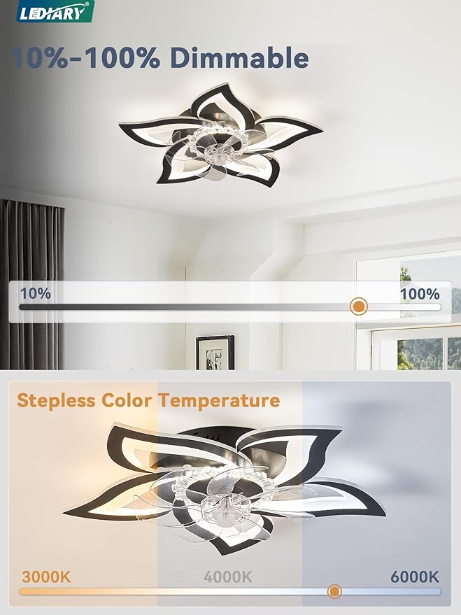 LEDIARY Flower Ceiling Fans with Lights, Black Small Modern Low Profile Ceiling Fan, Dimmable LED Ceiling Light Fixture, Flush Mount Ceiling Fans with Remote for Bedroom, Kitchen, Indoor-27 Inch