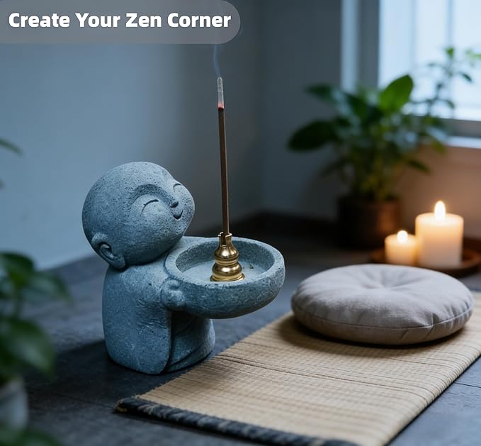Cute Little Monk Statue Tea Light Holder, Sandstone Zen Buddhist Figurine for Candle Holder, Incense Burner, Meditation Decor, Feng Shui Home Accent, Consecrated with Amulet - 3.9 inch