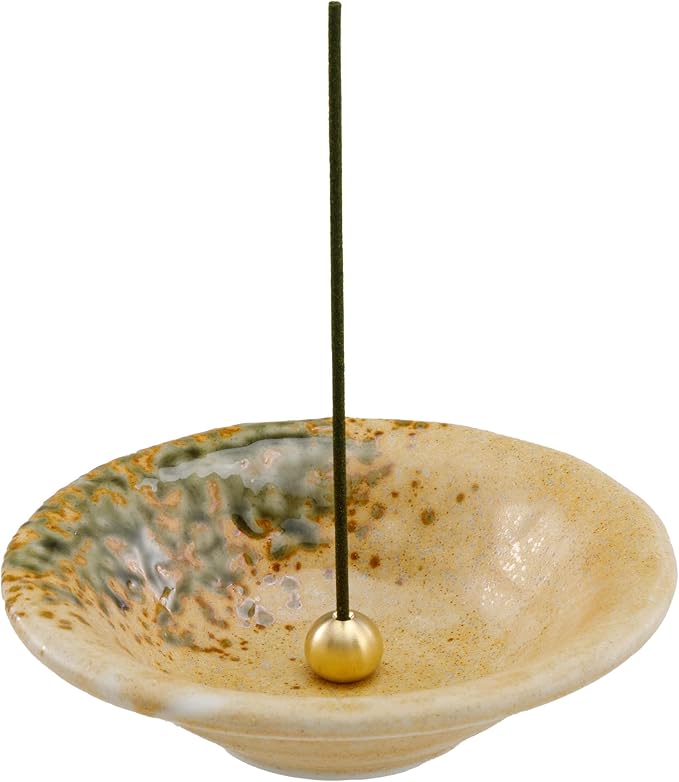 Asayu Japanese Small Incense Holder for Sticks 4.88 inch (124mm), Traditional Made in Japan Ceramic Ash Catcher and Brass Incense Burner Set - Light Orange