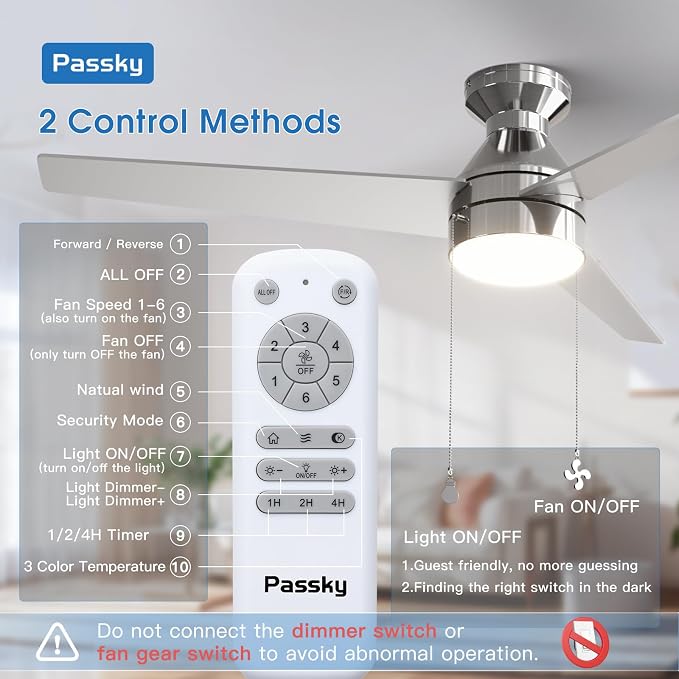 Passky Ceiling Fans with Lights, 52 inch Low Profile Ceiling Fan with Pull Chain and Remote Control, Flush Mount, Reversible, 5CCT, Dimmable, Noiseless, Nickel Pull Cord Ceiling Fan for Bedroom