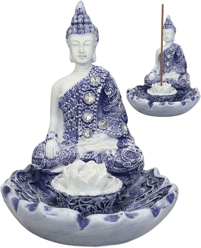 Ebros Gift Bhumisparsha Mudra Buddha Amitabha Meditating by Padma Lotus Flower Incense Holder Burner Figurine in Terracotta Blue and White 4.25" High Buddhist Eastern Enlightenment Feng Shui Decor