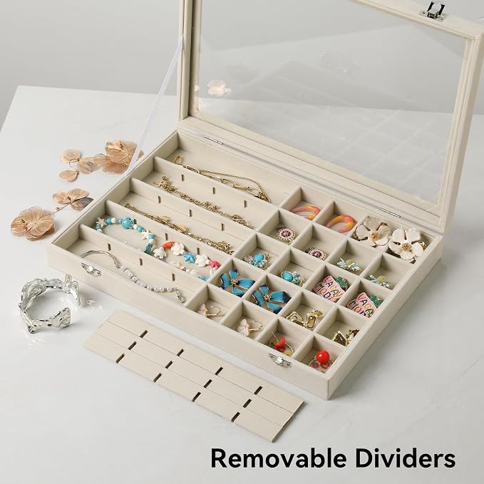 Frebeauty 40 Grid Earring Organizer,Velvet Jewelry Tray with Clear Lid | Drawer Jewelry Organizer for Rings Studs Beads,Adjustable Dividers,Dustproof,Earring Storage,Trinket Box,13.8×9.5Inches