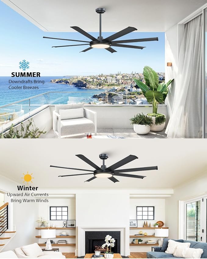 60 inch Black Ceiling Fan with Light and Remote, Industrial Ceiling Fan, Ventilador de Techo, 6 Speed Quiet DC Motor, 8 Blades, Large Ceiling Fans for Garage, Living Room, Home Office