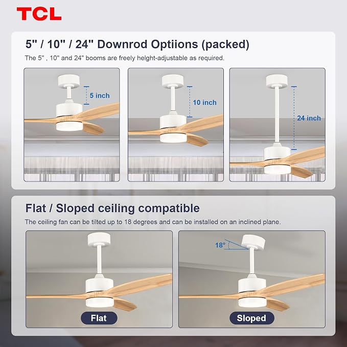 TCL Ceiling Fans with Light and Remote: 52 inch 3 Wooden Blades 3 Dimmable LED Fan for Room Indoor Modern Farmhouse Decor - 6 Speed Memory DC Reversible Fan Lights (Natural Wood, 52 Inch)