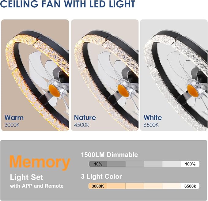 Mpayel 20" Low Profile Ceiling Fan with RGB Light - Modern Bladeless Flush Mount Ceiling Fan with Remote, Quiet DC Motor, 6 Speeds, 3CCT Dimmable LED Light for Kids Room, Bedroom & Bunk Beds