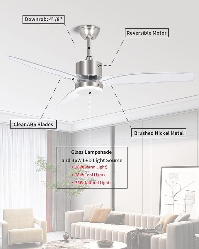 OKELI Clear Ceiling Fan with Light, 52 Inch Brushed Nickel Transparent Ceiling Fans with Light and Remote 3 Reversible Blade LED Ceiling Fan and Light Combo for Living Room, Bedroom, Patio