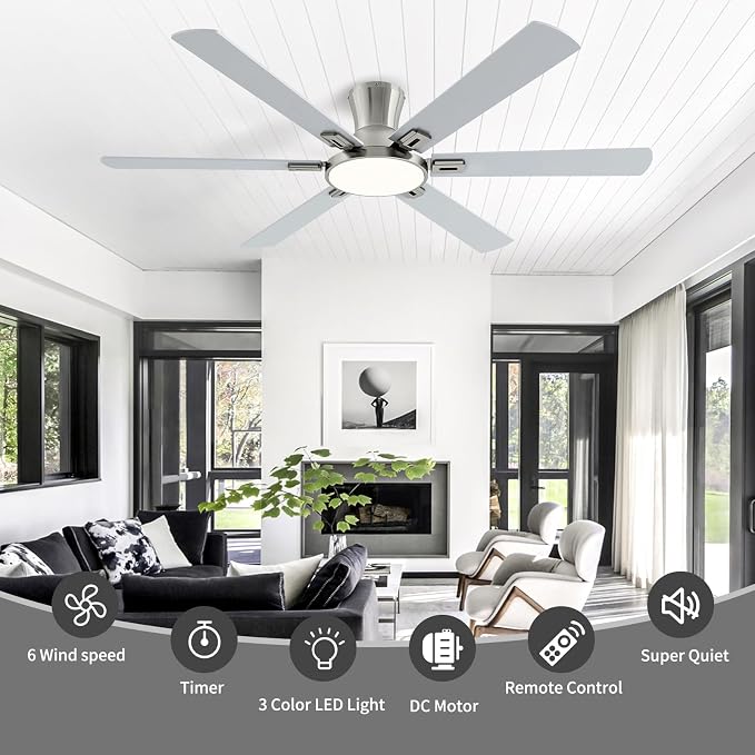 60 Inch Nickel Ceiling Fans with Lights and Remote, Flush Mount Low Profile 6 Blades Ceiling Fan, Quiet Reversible DC Motor for Living Room, Bedroom and Patio