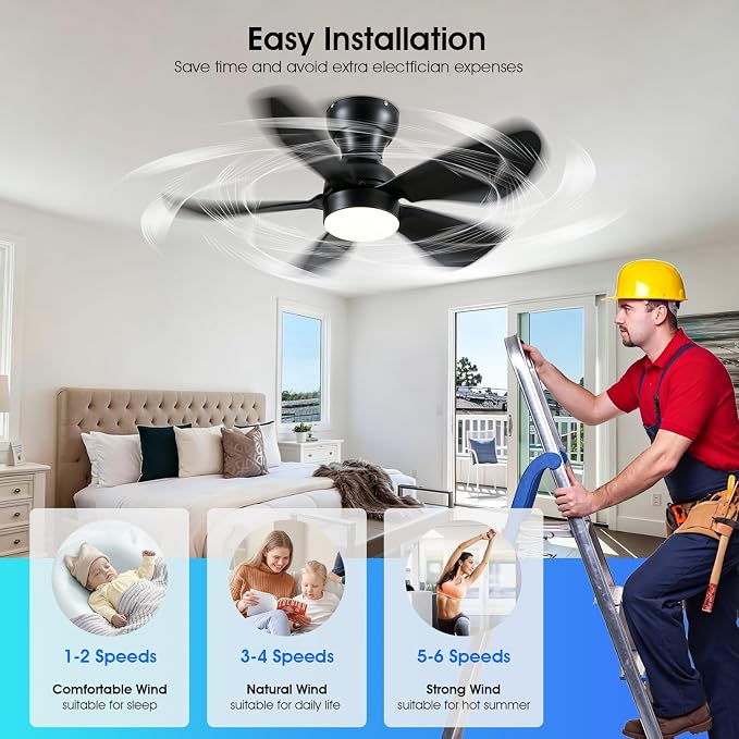 Kviflon 30 Inch Ceiling Fans with Lights Remote Control, Low Profile Small Ceiling Fans with 5 Reversible Propeller Blades, 3 Colors Dimmable LED Lights, 6 Speeds for Bedroom Kids Room Kitchen, Black
