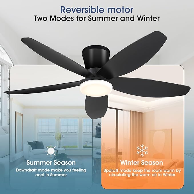 Surtime 42" Ceiling Fans with Lights-Low Profile Ceiling Fan with Light and Remote Control,Flush Mount,DC Reversible,LED Dimmable Blakc Ceiling Fans for Bedroom,Indoor/Outdoor Patio Use